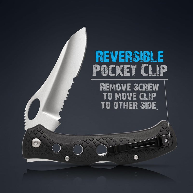 Maxam 5" Saltwater Knife - Rust-Proof German Stainless Steel Serrated Blade with Black Handle, Reversible Pocket Clip, Lanyard Hole - Ideal for Salt & Fresh Water, Fishing Outdoor Use - Image 2